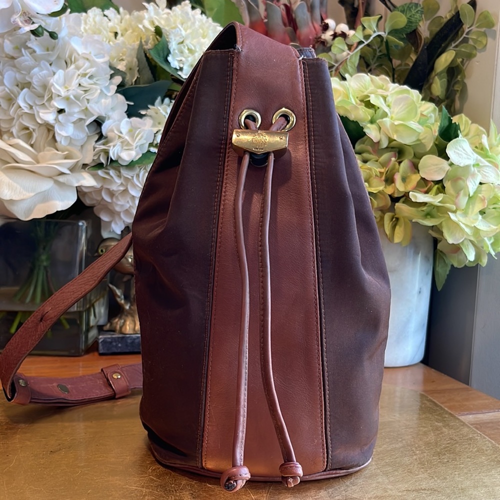 Mark Cross Brown Leather and Nylon Drawstring Bucket Sling Bag